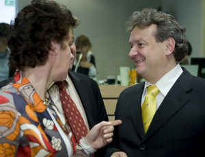 Dutch Minister of Agriculture, Nature and Food Quality, Gerda Verburg talks with Slovenian Minister of Agriculture, Forestry and Food, President of the Council Iztok Jarc, prior the start of the Agriculture Council meeting (photo: Thierry Monasse / STA )