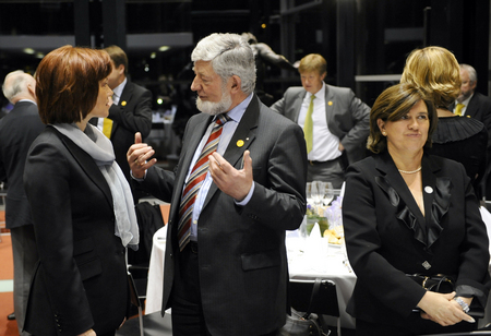 Vice Chairman of ENVI Committee in European Parliament Johannes Blokland talks to Mrs. Janja Podobnik, wife of the Slovenian minister of Environment