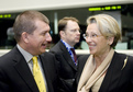 Slovenian Minister of Interior Dragutin Mate talking with the French Minister of the Interior, Overseas France and Local Authorities Michele Alliot-Marie prior the start of the JHA Council meeting