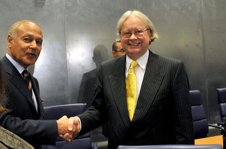 Egyptian Minister for Foreign Affairs Ahmed Aboul Gheit with Slovenian State Secretary and Political Director in the Ministry of Foreign Affairs Matjaž Šinkovec before the meeting