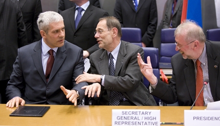 Boris Tadić, President of the Republic of Serbia, EU High representative Javier Solana and Slovenian Minister of Foreign Affairs Dimitrij Rupel