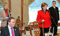 French Minister of Labour, Social Affairs and Solidarity Xavier Bertrand and Slovenian Minister of Labour, Family and Social Affairs Marjeta Cotman during the lunch (Brdo Castle)