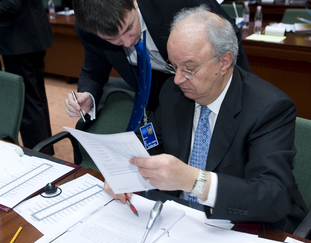 Slovenian Finance Minister Andrej Bajuk and member of his cabinet Mitja Mavko prior to the start of the Ecofin council meeting in Bruxelles.