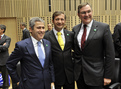 Discussion entre les ministeres de la défense de France (Hervé Morin), de la Slovénie (Karl Erjavec) et de l'Allemagne (Franz Josef Jung)