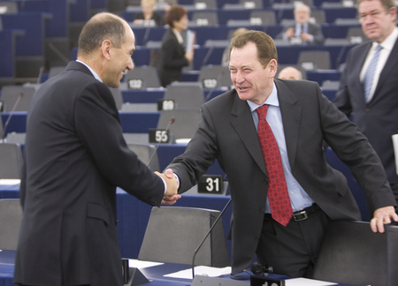 Le Premier ministre de la Rèpublique de Slovénie Janez Janša et le Président du Groupe Alliance des démocrates et des libéraux pour l'Europe au Parlement européen Graham Watson