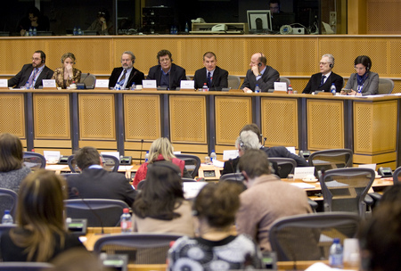 Slovenian Minister of Internal Affairs Dragutin Mate and Slovenian Minister of Justice Lovro Sturm talk in front of the Civil Liberties, Justice and Home Affairs committee of the European Parliament chaired by Gérard Deprez about the priorities of the Slovenian Presidency.