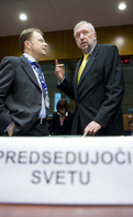 Slovenian Minister Dimitrij Rupel talks with the Slovenian Ambassador Igor Senčar prior the the General Affairs Council meeting in Bruxelles.