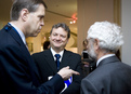 Slovenian Minister for agriculture Iztok Jarc talks with staff members prior a hearing of the Environment, Public Health and Food Safety committee of the European Parliament.