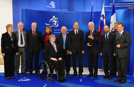 Janez Janša and Hans-Gert Pöttering with delegation of the European Parliament