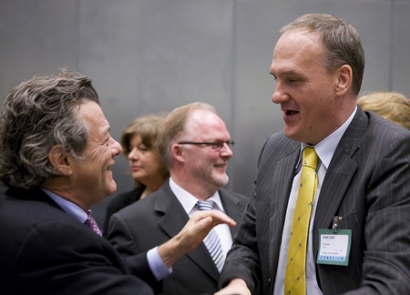 French Minister of Environment, Energy, Sustainable Development and Spatial Planning Jean-Louis Borloo is talking with Slovenian Environment Minister Janez Podobnik prior to the start of the Environment Council meeting