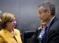 Slovenian Minister of Labour, Family and Social Affairs Marjeta Cotman is talking with the Austrian Minister for Economic Affairs and Labor Martin Bartenstein