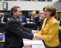 Slovenian Minister of Labour, Family and Social Affairs Marjeta Cotman is talking with her French colleague Xavier Bertrand prior to the start of the meeting