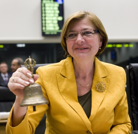 Slovenian Minister of Labour, Family and Social Affairs Marjeta Cotman rings the bell to start the Council