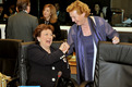 Slovenian Minister of Health Zofija Mazej Kukovič (R) greets French Minister of Health, Youth Affairs, Sport and Associations Roselyne Bachelot-Narquin