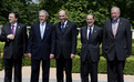 Photo de groupe : Jose Manuel Barroso, George Bush, Janez Janša, Javier Solana et Dimitrij Rupel