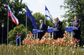 Conférence de presse de la présidence : le Président des Etats-Unis George W. Bush,  le Premier ministre de la République de Slovénie, président du Conseil européen Janez Janša et le Président de la Commission européenne José Manuel Barroso