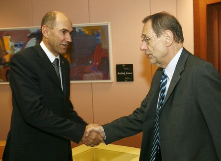 President of the European Council, Slovenian Prime Minister Janez Janša welcomes the EU High Representative for the CFSP Javier Solana