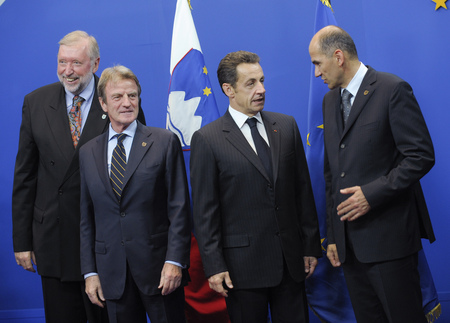 Slovenian and French Foreign Ministers Dimitrij Rupel and Bernard Kouchner, current President of the European Council Janez Janša and future President of the European Council Nicolas Sarkozy