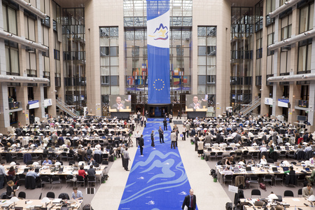 Novinarsko središče v stavbi Sveta EU (Justus Lipsius) med zasedanjem Evropskega sveta