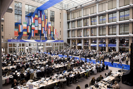 Press centre of the EU Council in the Justus Lipsius Building during European Council