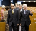 Premier ministre slovène et président du Conseil de l’Union européenne Janez Janša arrive au Parlement européen avec le président du Parlement européen Hans Gert Pöttering