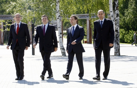 High Representative for the Common Foreign and Security Policy Javier Solana, President of the European Commission José Manuel Barroso, Russian President Dmitry Medvedjev and Prime Minister of the Republic of Slovenia and President of the European Council, Janez Janša