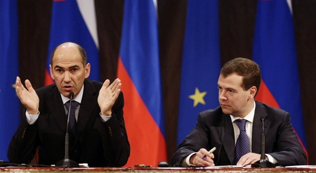 Prime Minister of the Republic of Slovenia and President of the European Council, Janez Janša, and Russian President Dmitry Medvedjev at the press conference