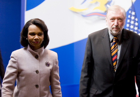 The US Secretary of State Condoleezza Rice and the Slovenian Minister of Foreign Affairs Dimitrij Rupel prior to the Ministerial Meeting EU Troika – US