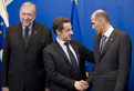 Slovenian Minister of Foreign Affairs Dimitrij Rupel, French President Nicolas Sarkozy and Slovenian Prime Minister Janez Janša