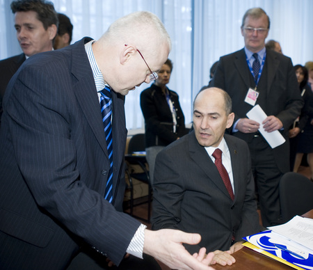 European Commissionner for Employment, Social Affairs and Equal Opportunities Vladimir Spidla greets the Slovenian Prime Minister Janez Janša prior to the Tripartite Social Summit