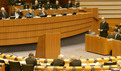 Predsednik Evropskega sveta in slovenski premier Janez Janša govori na izrednem zasedanju Evropskega parlamenta v Bruslju
