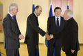 Hans-Gert Pöttering, Janez Janša and José Manuel Barroso welcome the Slovenian Cardinal Franc Rode, Pro-Prefect of Congregation for Institutes of Consecrated Life and Societies of Apostolic Life