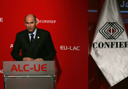 Slovenian Prime Minister and President of the European Council Janez Janša during his speech at the EU-LAC Bussiness Summit