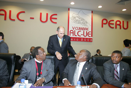 Slovenian Prime Minister and President of the European Council Janez Janša talking to Prime Minister of the Bahamas Hubert A. Ingraham during the EU-Cariforum Summit