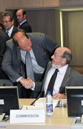 Slovenian State Secretary Andrej Šter talking with the EU Commissioner responsible for Development and Humanitarian Aid Louis Michel prior to the start of the General Affairs Council