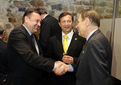 Mayor of Ljubljana Zoran Jankovič with Karl Erjavec and Javier Solana before dinner for ministers (Palacij Hall, Ljubljana Castle)