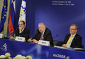 Novinarska konferenca predsedstva: Javier Solana, Dimitrij Rupel in Olli Rehn