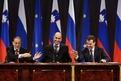 High Representative for the CFSP Javier Solana, Slovenian Prime Minister and President of the European Council, Janez Janša, and Russian President Dmitry Medvedjev at the press conference
